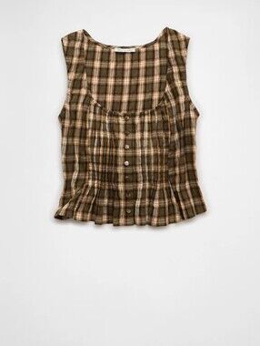 American eagle Plaid Button-Front Peplum Tank Top - Brown